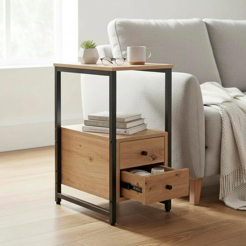 HAKU Bijzettafel eiken, zwart, Metaal, spaanplaat - Maat: B 30 cm x H 63 cm x D 40 cm, Stijl: Modern