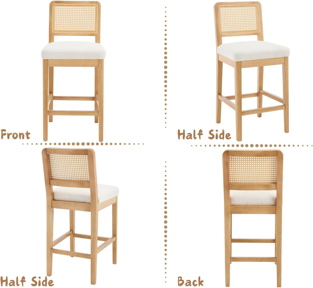 Barstoel – Barkruk – Hoog Krukje – Keukenstoel – Bistrostoel – Set van 2 – Rieten Rugleuning – Chenille Zitkussen – Massief Houten Poten – Wit - QUORE