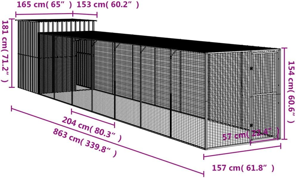 vidaXL Chicken coop with run 165x866x181cm galvanized steel gray - QUORE