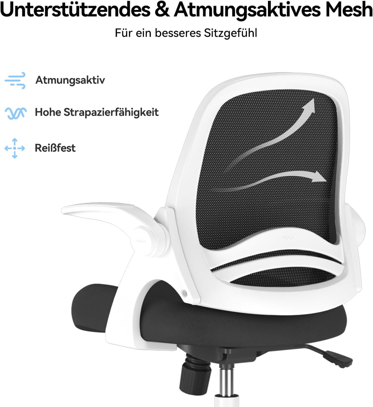 Hbada Bureaustoel Opklapbare Armsteun Ergonomische Bureaustoel Compact 120 ° Vergrendeling 360 ° Rotatie Zitting Oppervlaktelift Versterkte Nylonharsbasis, Wit