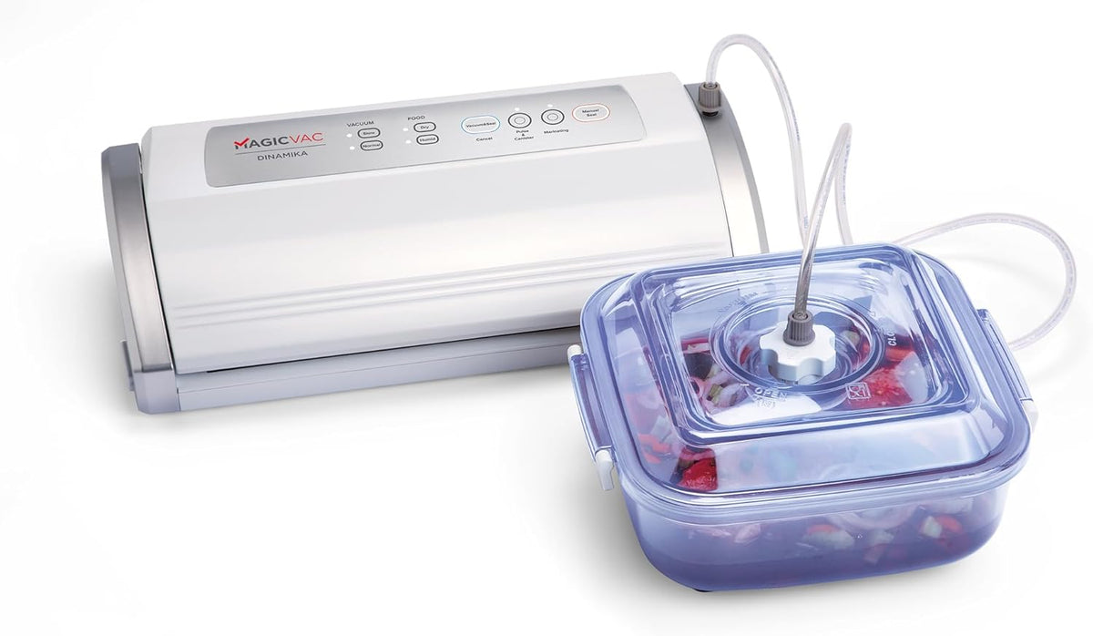 Magic Vac, Dinamika Vacuümmachine voor levensmiddelen, multifunctioneel, professioneel, voor vacuümzakken, containers en marineren, met vacuümset voor levensmiddelen, zilverwit