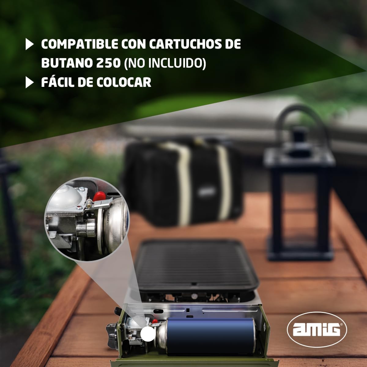 Amig - Camping gas - Portable stove - Grill - Cast aluminium grill - With grease tray made of stainless steel - Power: 1.8 kW - Suitable for B-250 gas cartridges - QUORE