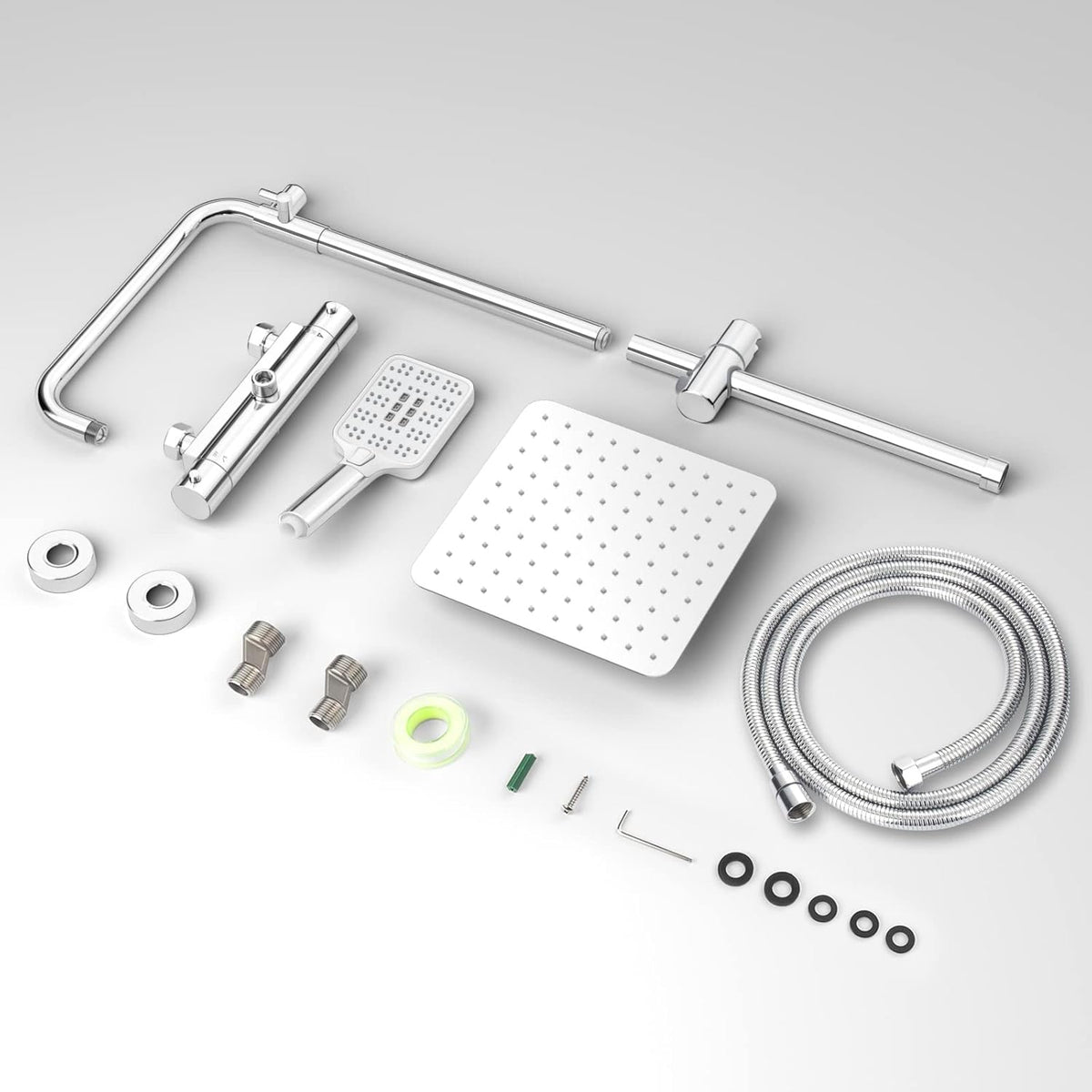 Doucheset – Douchekop – Regendouche – Douchesysteem – Thermostaatkraan – Vierkante Regendouche 25x25 cm – Roestvrijstalen Douchestang Verstelbaar 92-126 cm