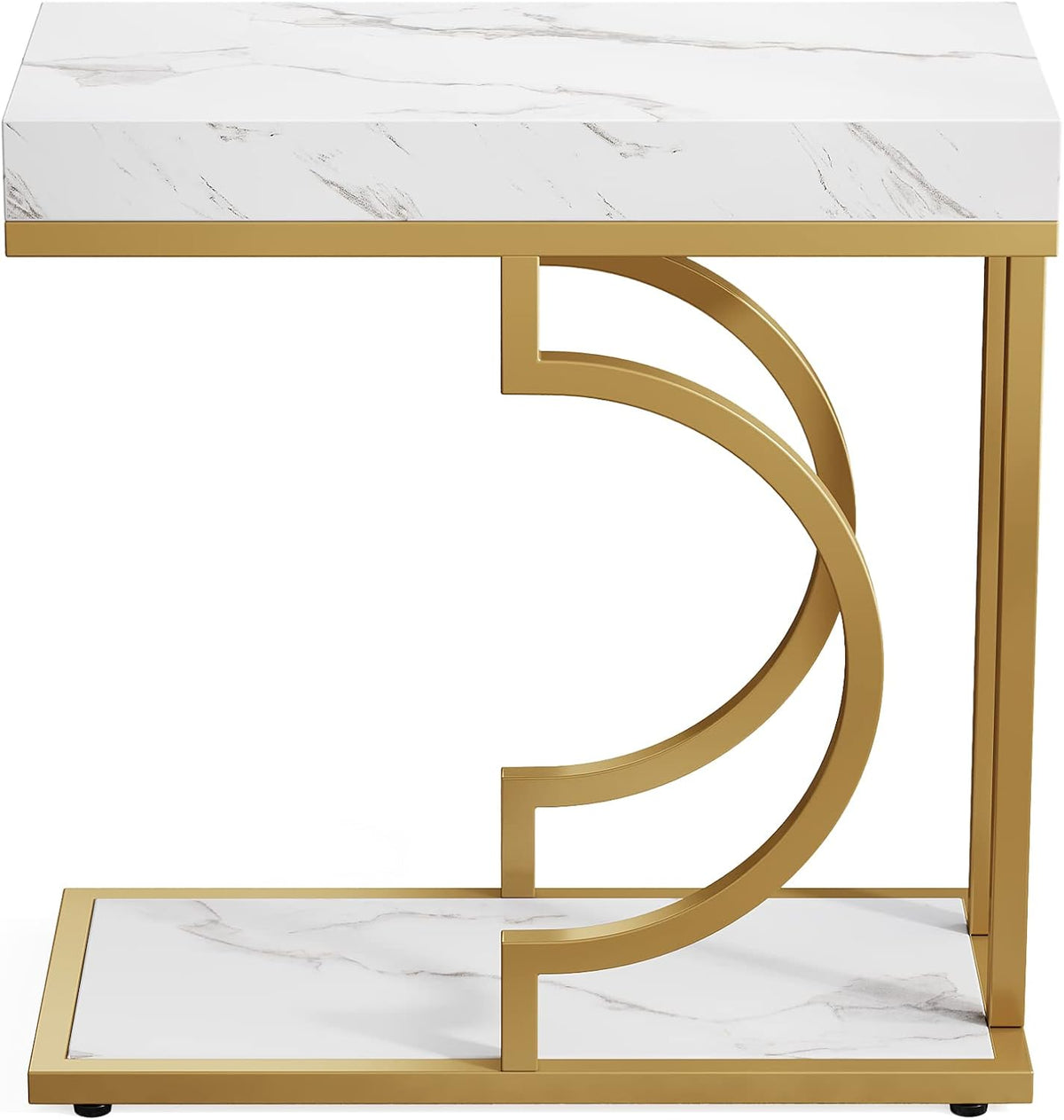 Tribesigns Narrow Side Table, Set of 2, C-Shaped Side Table, Modern Bedside Table for Sofa, Coffee Table with Metal Frame for Living Room (White Gold)