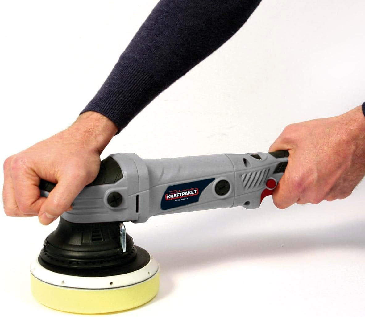 Dino KRAFTPAKET Excentrische polijstmachine, 21 mm - 720 W, traploos in set met polijstspons, polijstschijf, tas voor auto, boot, XXL-HUB