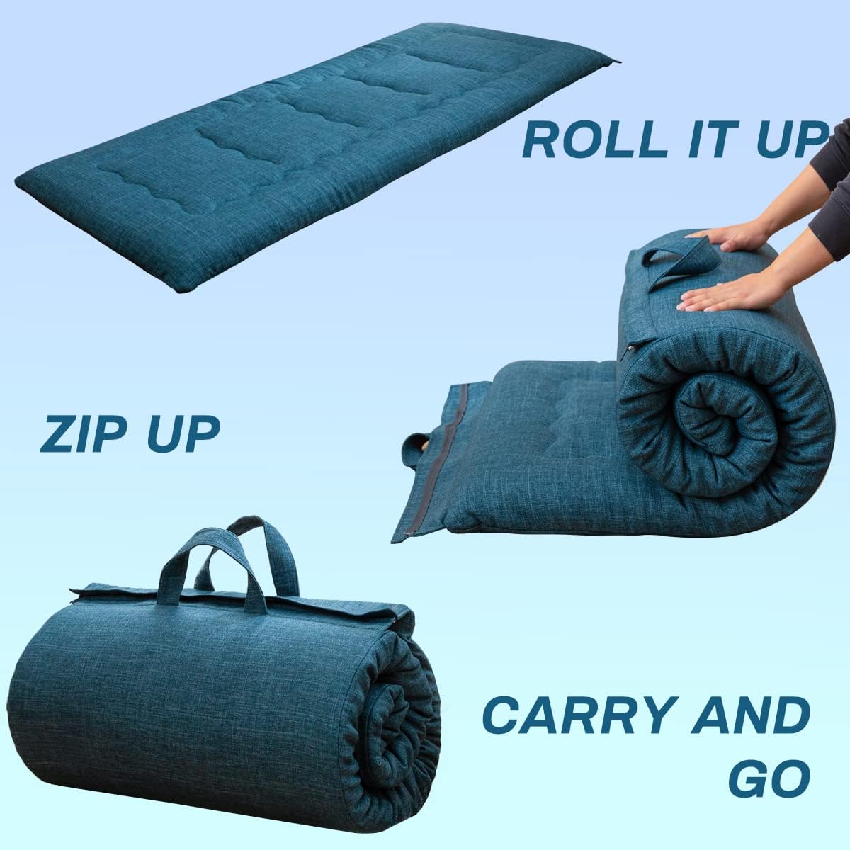 MAXYOYO Draagbare opvouwbare futonmatras, hypoallergene stof en schuimmatras met hoge dichtheid met handvat en rits, voor buiten, binnen, camping, gastenauto (blauw, 71 x 190 cm)