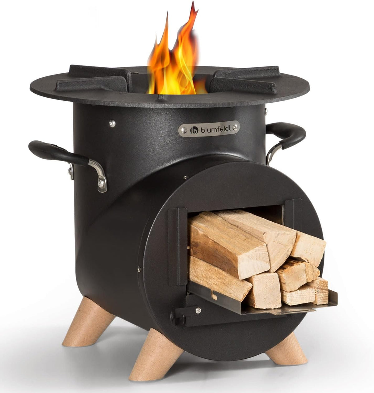 Blumfeldt Vuurplaats met grillrooster, vuurschaal voor terras en camping, vuurschaalset met grill, L-vormige vuurschalen met pookhaak, vuurschaal voor de tuin, open haard met houten standaard
