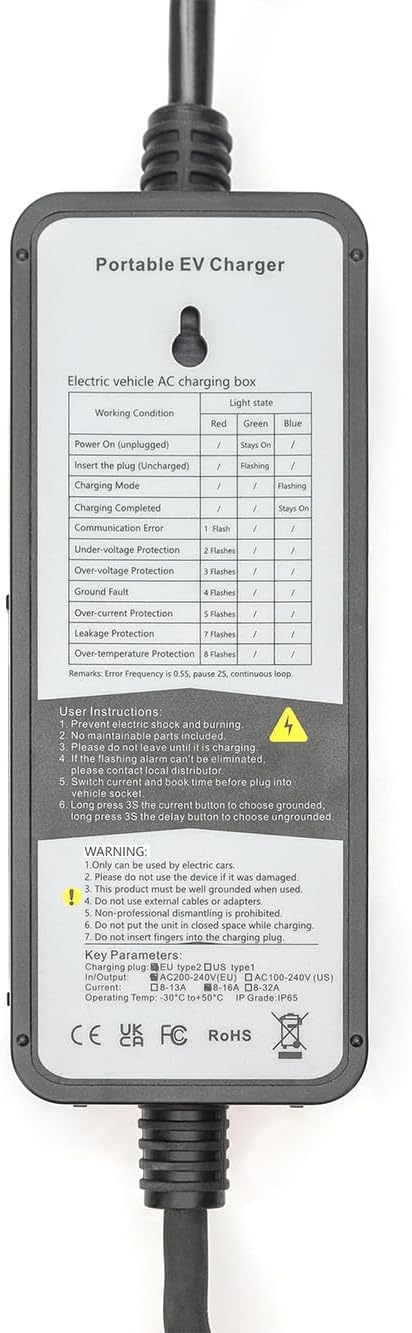 DIGITUS Lader voor elektrische voertuigen - 1-fase - regelbaar laadvermogen max. 3,7 kW - type 2 stekker - 5 m laadkabel - mode 2 - LCD-display - Zwart