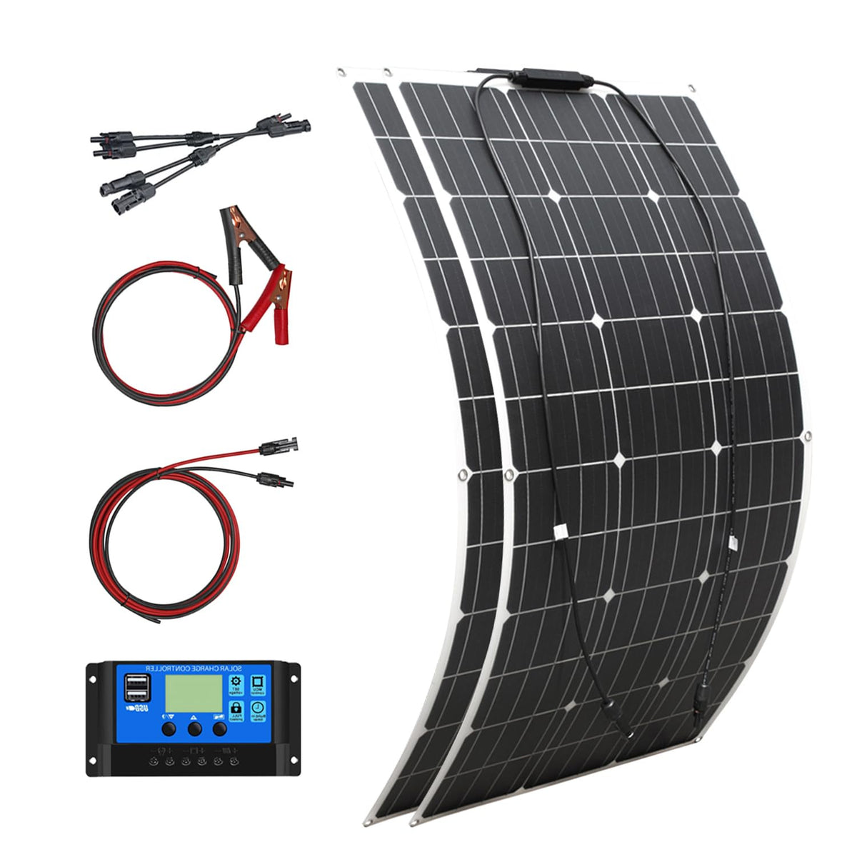 200W 12V Kit Flexibel Zonnepaneel 2 stuks 100W 12V Monokristallijn Zonnepaneel systeem met 20A Solar Laadregelaar voor RV, Boot, Auto, Caravan, Camping, batterij 12V/24V