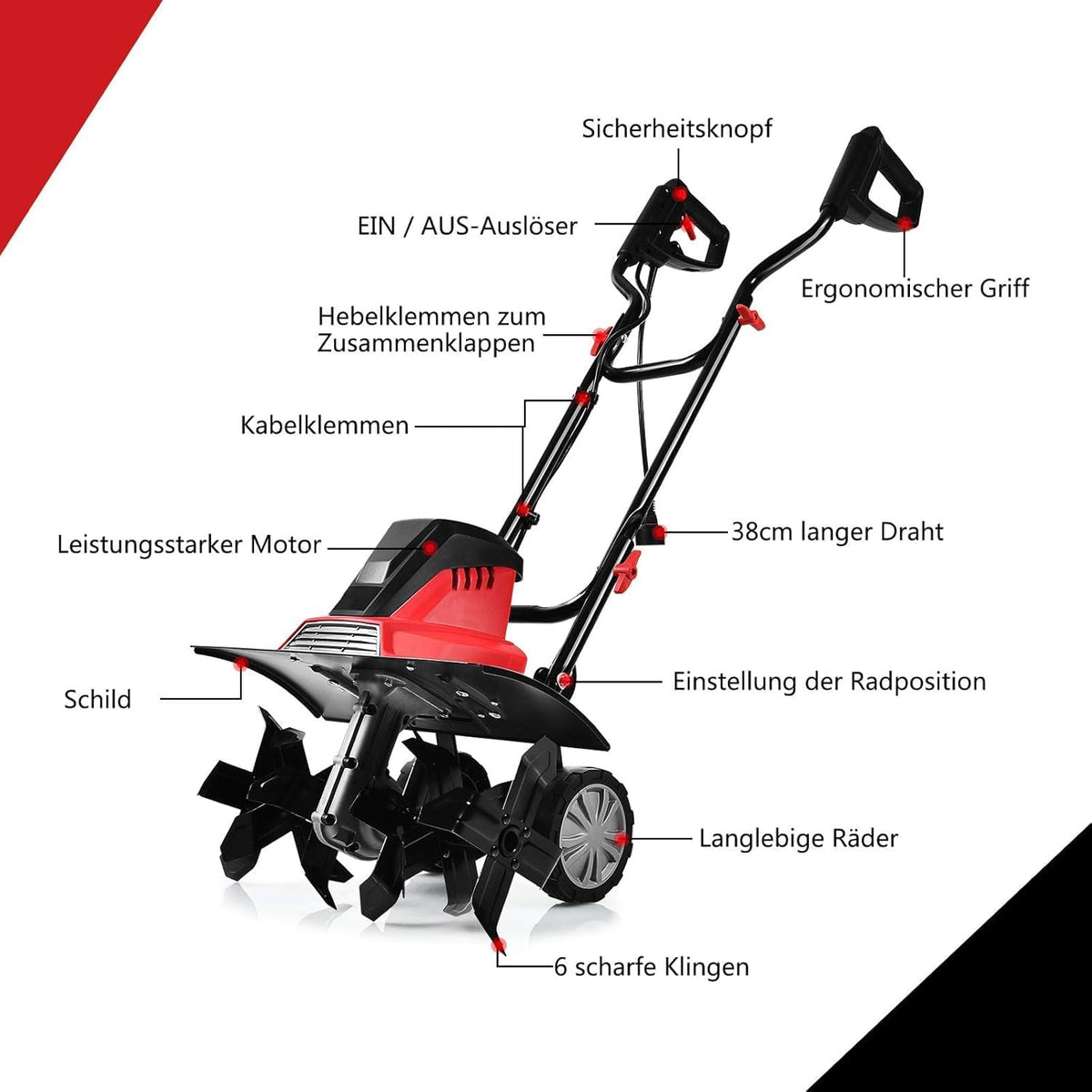 FANTASK 1500 W elektrische grondhak met 6 hakmessen, vloerfrees, tuinfrees, 43 cm werkbreedte en 22 cm werkdiepte 400 omw/m