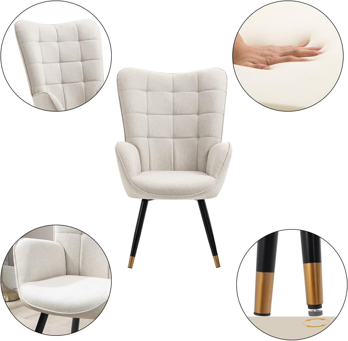 MEUBLE COSY Leunstoelen, scandinavische stoel lounge relaxstoel armleunstoel met beklede vergulde metalen poten, stof, beige, 66x50x110cm