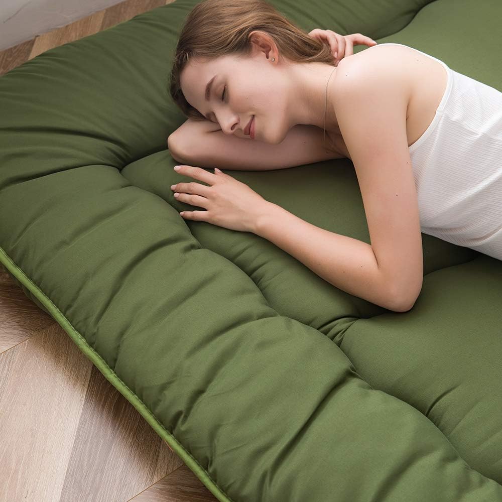 MAXYOYO Japanse vloermatras, futonmatras, dikkere tatami-mat, slaapkussen, opvouwbaar, oprolbaar matras, slaapzaal, matras, kussen, bed (groen, eenpersoons)