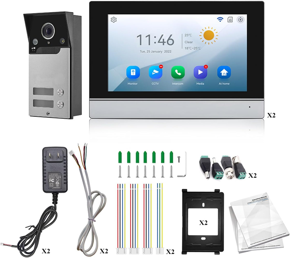 Wifi Tuya Bedrade Video Intercom 2-unit Voor Home Deurbel Video Telefoon Systeem, 7-inch Indoor Monitor Touch Screen, 1080p HD Camera Nachtzicht, Pir Motion Detection, Woning/kantoor/hotel/villa