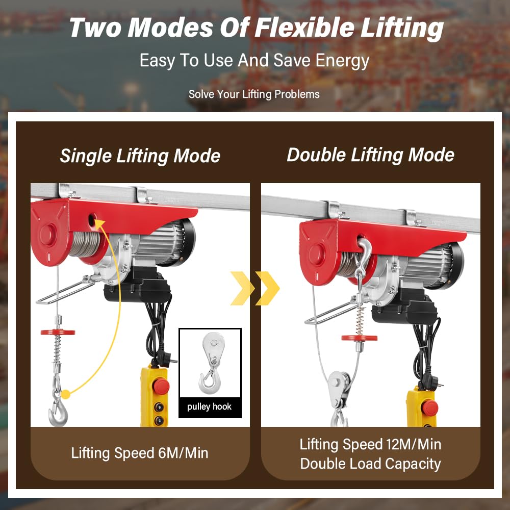 TEENO Elektrische takel 1450 W 20 m, overbelasting lift elektrische lier 220 V, enkele en dubbele ophanging 400 kg/800 kg, 6 m/min |12 m/min rood