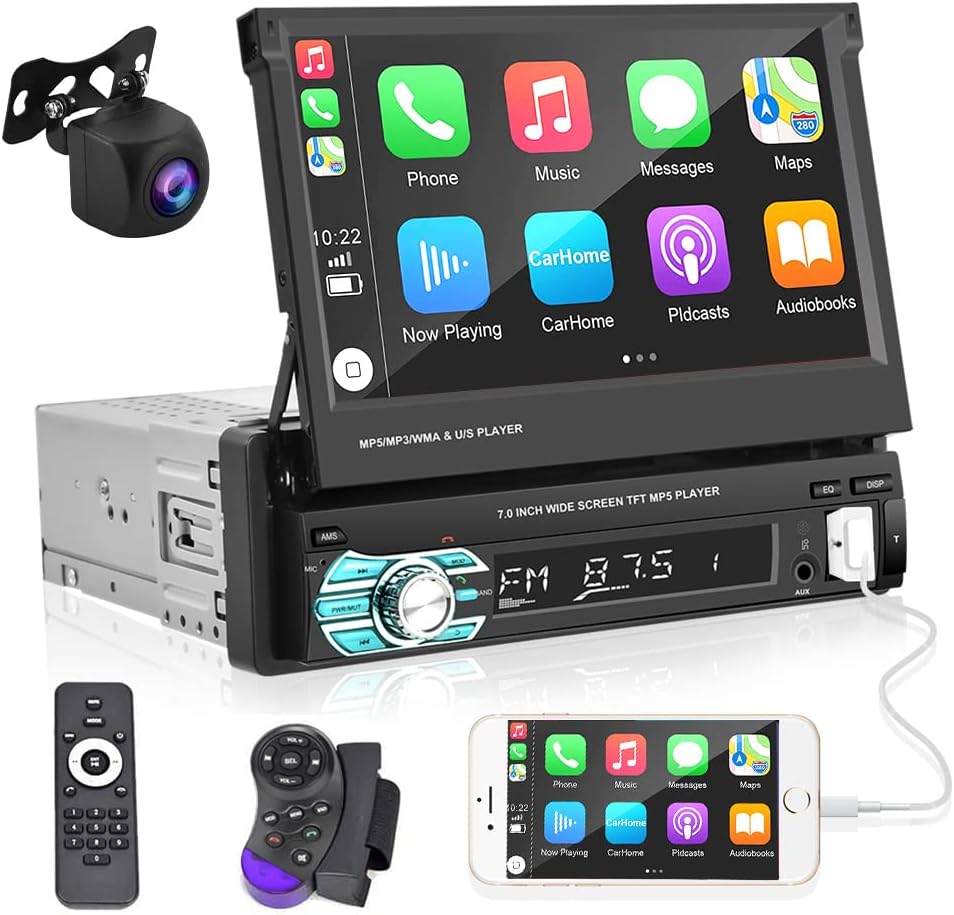 Podofo Autoradio 1 DIN Bluetooth Touchscreen Stereo Radio met Apple Carplay Android Auto, 7 Inch Opvouwbare Touchscreen Autoradio met FM Radio/Spiegellink + AHD Achteruitrijcamera