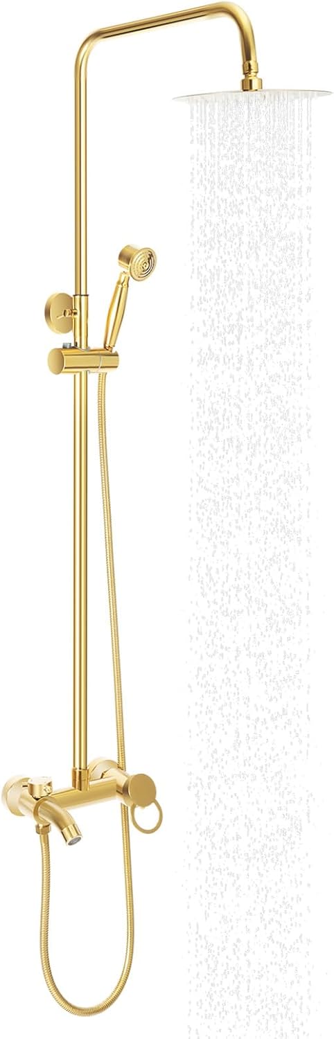 Douchesysteem Roestvrij Staal – Douche Set – Regendouche – Handdouche – Badkamer Paneel – Verstelbare Hoogte 80-117 cm – Gouden Kleur & 360° Draaibare Regendouchekop