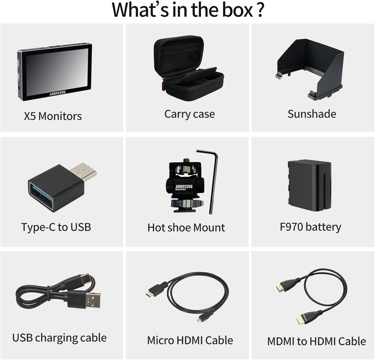 ANDYCINE X5 5.5 Inch Touch Screen 1200 Nits Brightness Aluminum Case DSLR Camera Monitor, 4K HDMI Input and Output with 3D-LUT, All Waveforms Including F970C, Carrying Case, Micro HDMI Cable - QUORE