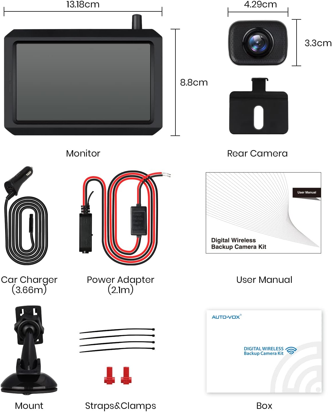 AUTO-VOX W7 Draadloze Digitale Achteruitrijcameraset Met 5 Inch (12,7 cm) Lcd-Monitor Met Antenne, Ingebouwde Radiozender, Draadloze Parkeerhulp, Waterdicht Ip68 Backup Achteruitrijcamera, Nachtzicht