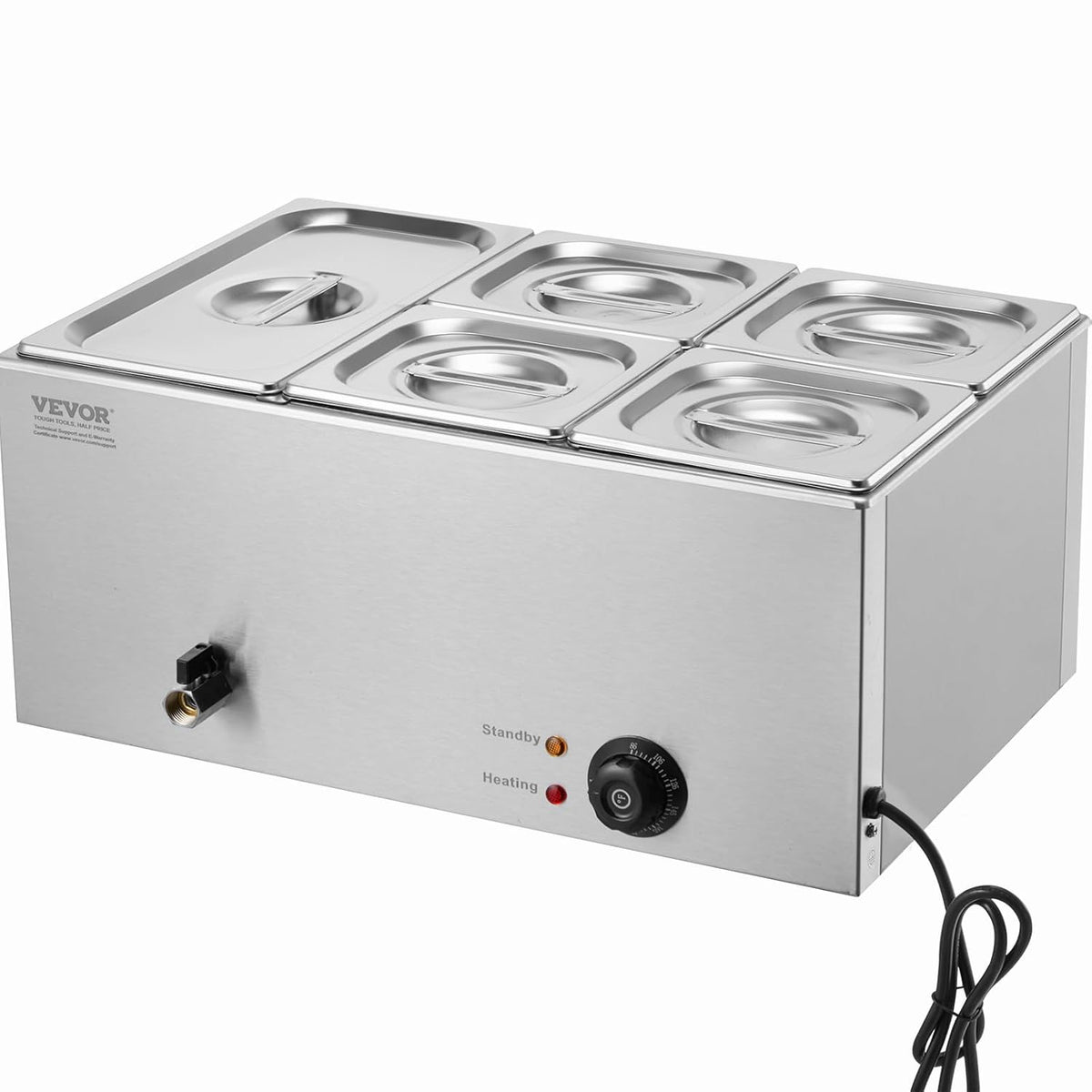 VEVOR Commerciële voedselverwarmer, 14,5 liter, 1 x 1/3 + 4 x 1/6 grootte, elektrische warmhoudplaat, 1200 W, werkblad van roestvrij staal, buffet-Bain-Marie, temperatuurregeling van 30-85 °C