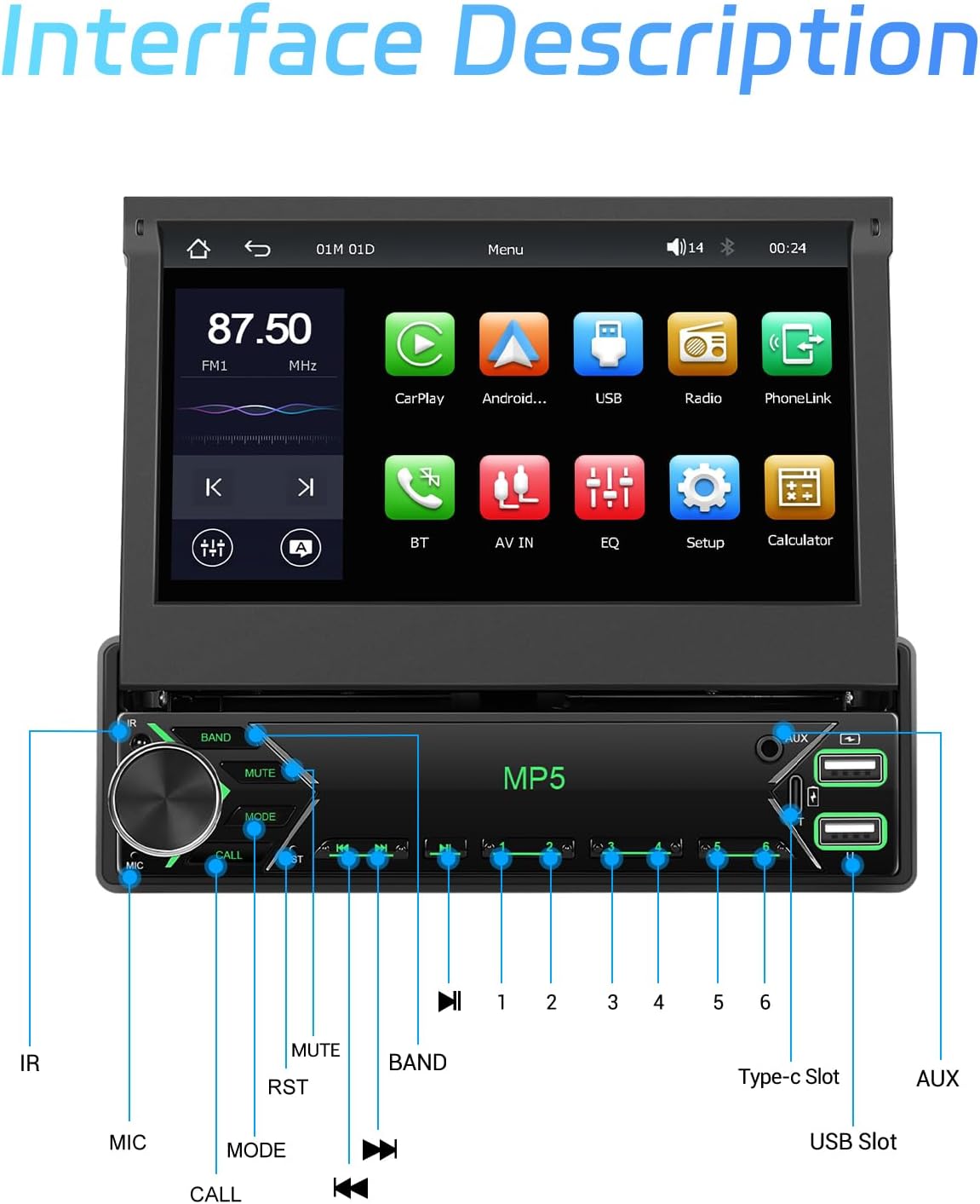 Draadloze CarPlay autoradio, 1 Din met uittrekbaar scherm, handmatig, 7 inch touchscreen, Android autoradio met bluetooth, stereo, autoradio, ondersteuning, FM AUX USB-achteruitrijcamera