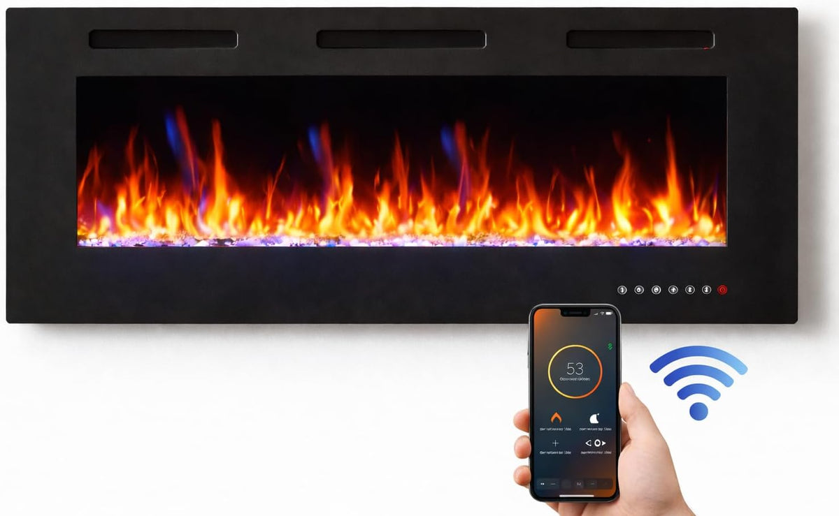 Draadloze elektrische open haard, 7,5 cm diep, gehard glas, afstandsbediening en touchscreen, verwarming 750/1500 W, verstelbaar vlameffect (107 cm App New)