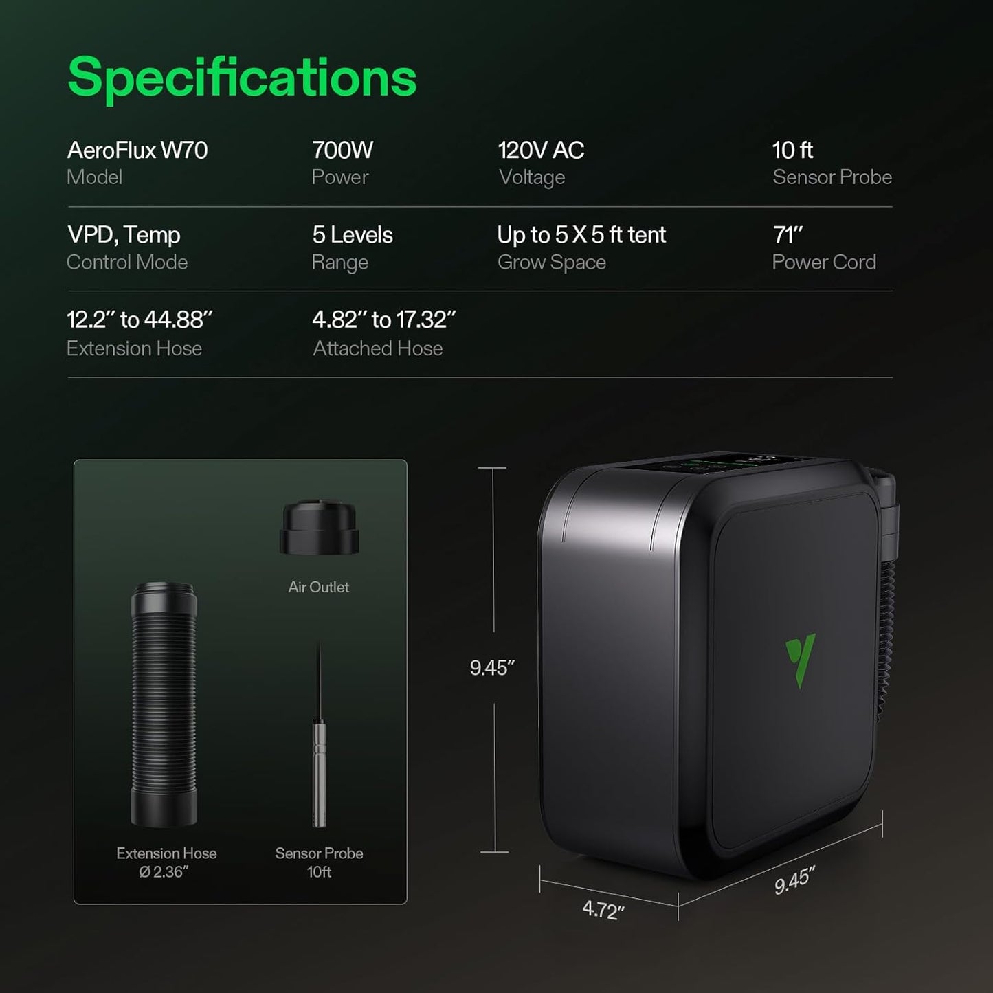 VIVOSUN AeroFlux Smart Grow Tent Heater, 700 W PTC Heater with Thermostat, VPD Monitoring, App Control, Overheat Protection and Extension Hose for Grow Tents, Rooms and Greenhouses - QUORE