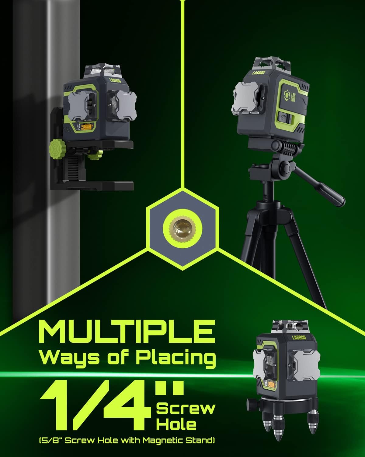 Laserwaterpas – Kruislijnlaser – Lijnlaser – Laserniveau – Bouwlaser – Zelfnivellerend 3x360° Groen – 2 Oplaadbare Batterijen, Magnetische Hefstandaard