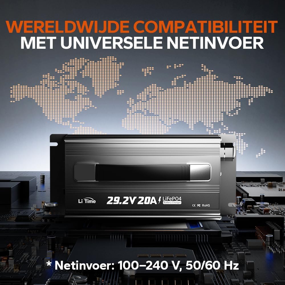 LiTime 29,2V 20A LiFePO4 Lithium Batterijlader, Opzetbare LiFePO4 Acculader met Koelventilator en Meerdere Veiligheidsbeveiligingen, Li-ion Acculader is Ontworpen voor het Opladen van LiFePO4-accu's