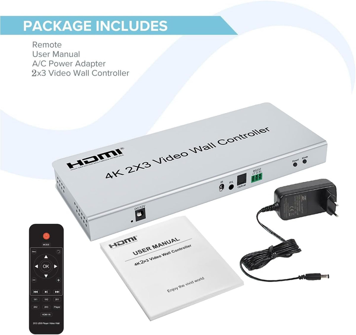 2x3 Video Wall Controller | 4K @30Hz | Edge Masking, 1 HDMI Input & 6 HDMI Outputs, 1x1,1x2,1x3,1x4,1x5,1x6,2x1,2x2,2x3,3x1,3x2,4x1,5x1,6x1 IR Control, Plug & Play