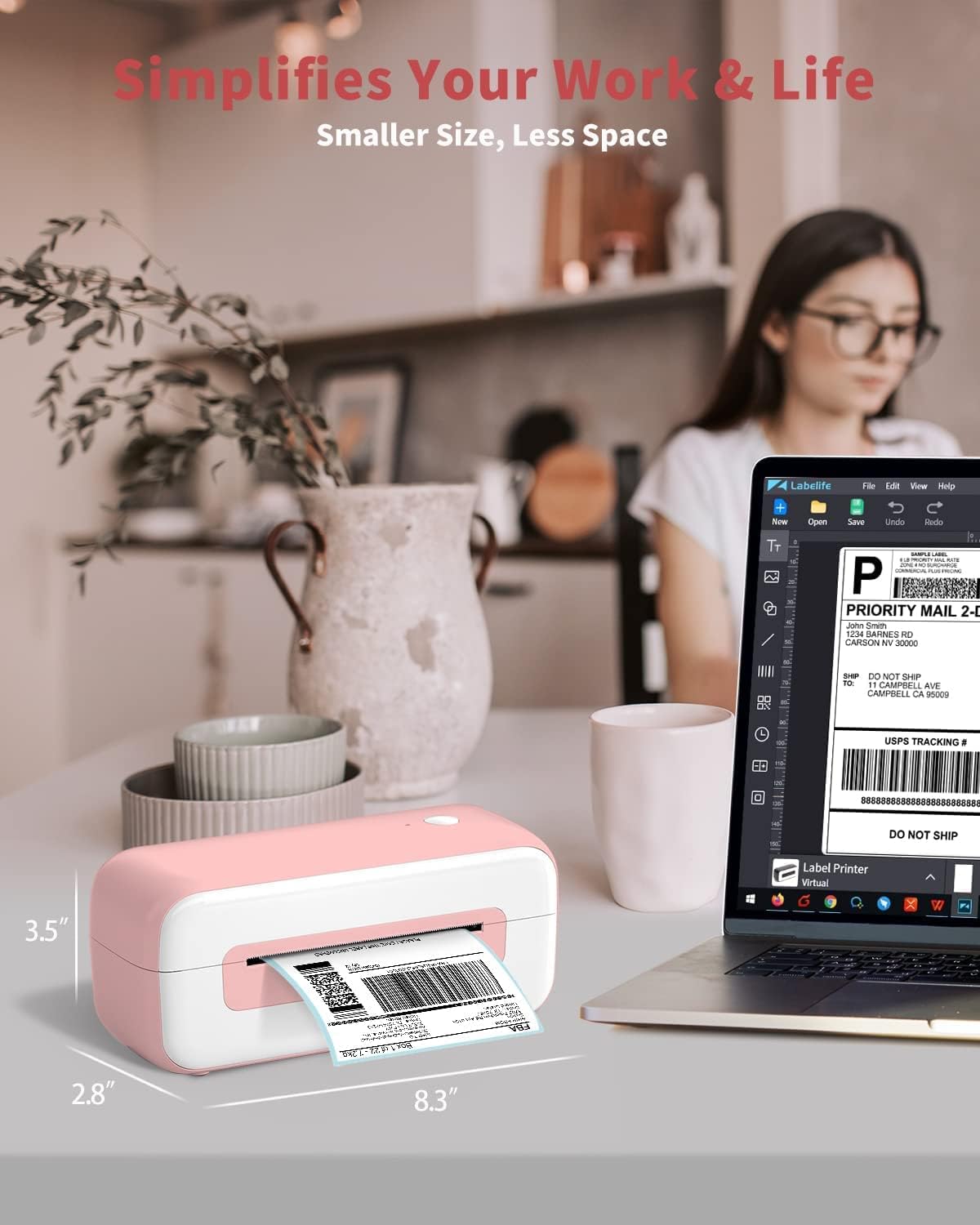 Phomemo PM246S labelprinter, DHL thermische printer voor Mac/PC, verzendlabelprinter, zelfklevende labelprinter, voor Amazon, Etsy, Shopify, Royal Mail, DHL, FedEx-roze