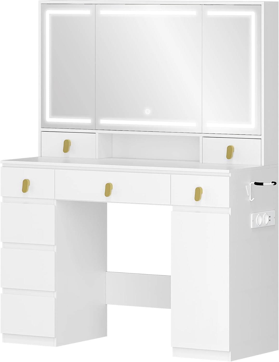 Hzuaneri Large Dressing Table with Mirror, Dressing Table with LED Lighting, with Power Strip and Hair Holder, 3 Colours, Adjustable Brightness, 8 Drawers, 1 Storage Cabinet, White DT42003XEU