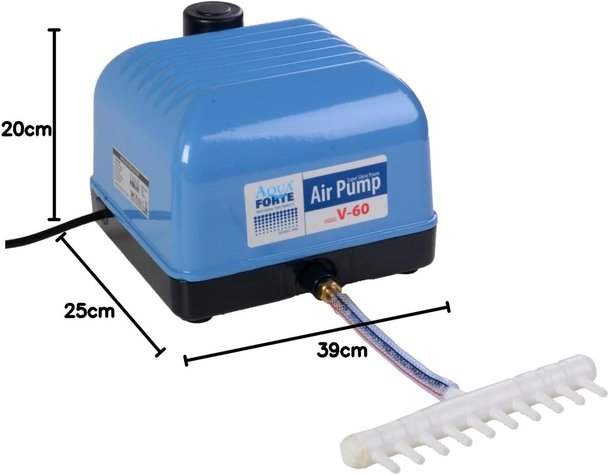 AquaForte Hi-Flow V-60 luchtpompset, complete set met luchtverdelers, 50 m slang 4 x 6 mm en 10 luchtstenen 5 cm, capaciteit bij 2 meter 40 liter per minuut, maximale vijver 36 m3
