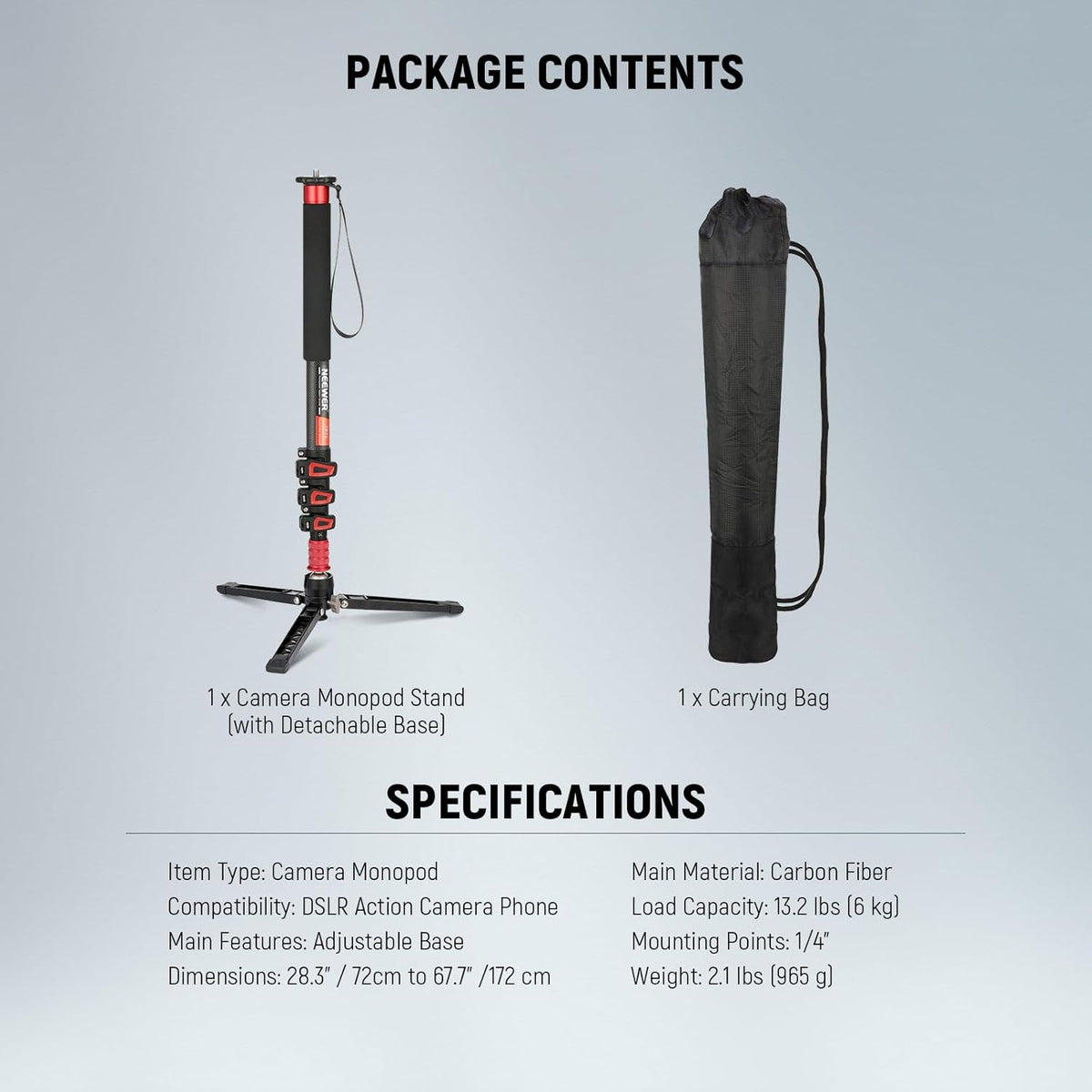 Camera Monopod – Eenpootstatief – Monopod Statief – Camerastandaard – Reisstatief – Uitschuifbaar 72-182 Cm – Afneembare Basis Met 90° Kanteling – Koolstofvezel, Tot 6 Kg Draagvermogen