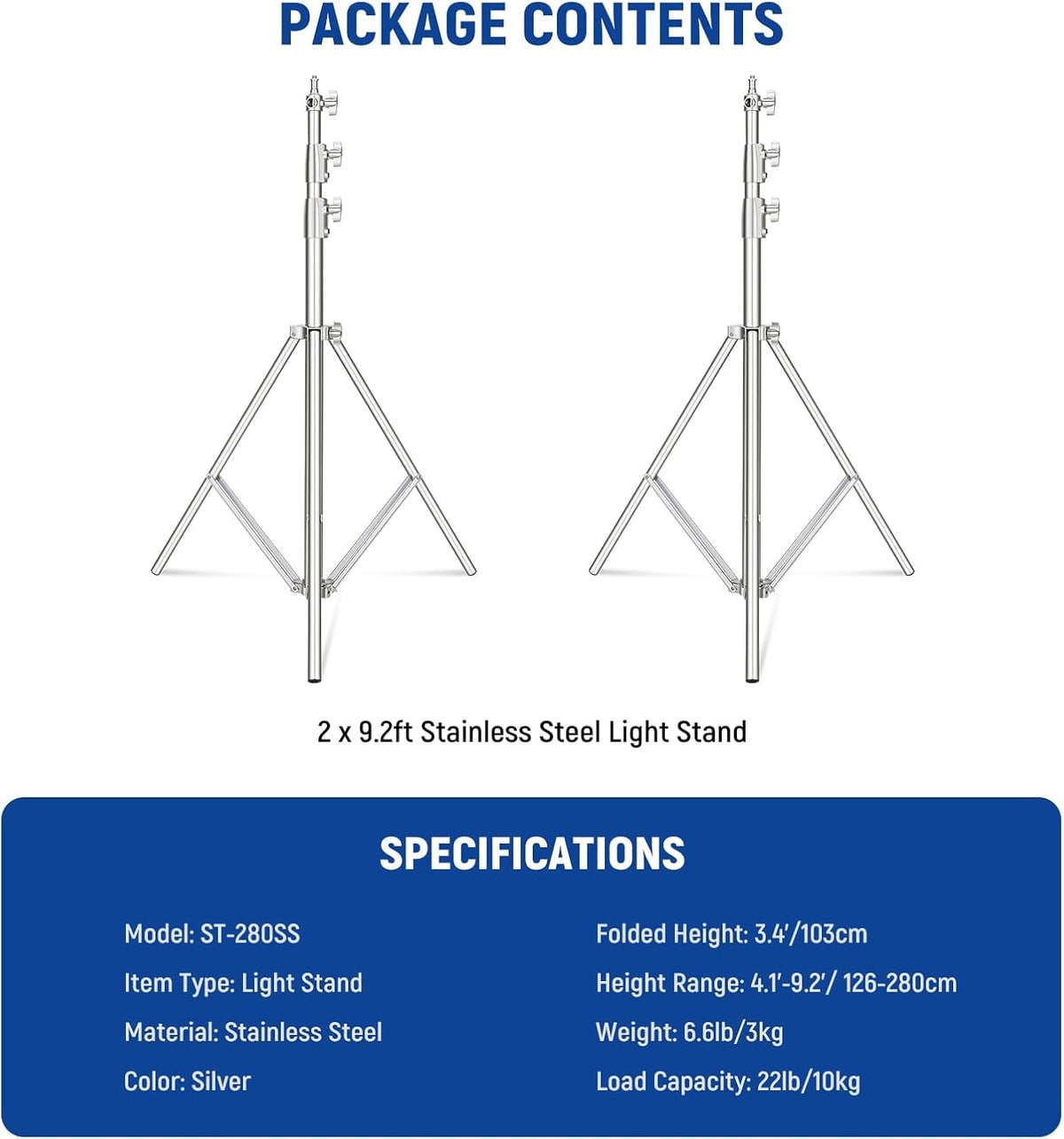 NEEWER 2 stuks 9 ft roestvrijstalen lichtstandaards, veergedempte zware fotografie statief standaard met 1/4 "-3/8" adapter voor stroboscoop-video-ringlicht, monolight softbox, 22 lbs maximale