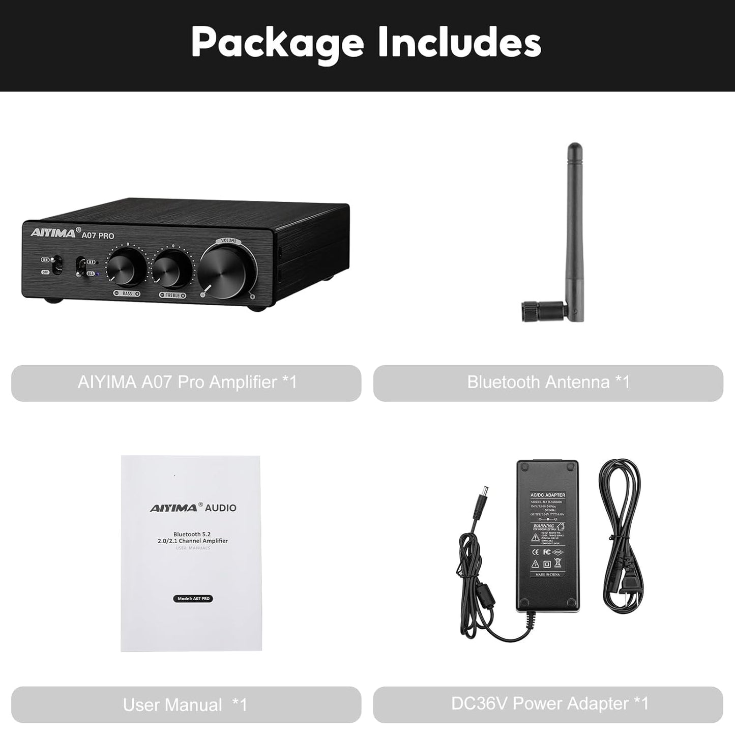 AIYIMA A07PRO TPA3255 Mini Versterker 2.0/2.1Kanaal Audio Amp 300Wx2 Klasse D Hi-Fi Stereo Geïntegreerde Versterkers Bluetooth 5.2 ondersteuning aptx Desktop versterker met Treble en Bass Control