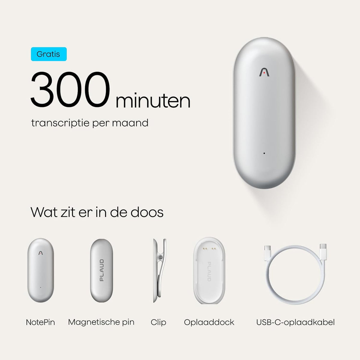 Plaud NotePin AI-spraakrecorder, app-bediening, AI-notitieapparaat, AI-transcriptie en samenvatting, ondersteunt 112 talen, 64GB geheugen, audiorecorder voor colleges, vergaderingen, Lunar zilver