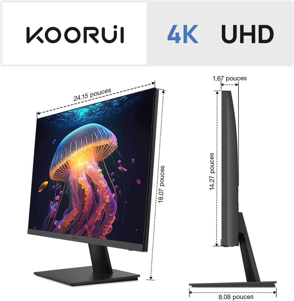 KOORUI N07 27 Inch PC Display, 4K Monitor UHD (3840 x 2160), IPS 60Hz HDR10 Adaptive Sync, 2x HDMI 2.0 & DisplayPort 1.4, VESA 100 x 100mm, Eye Care - QUORE