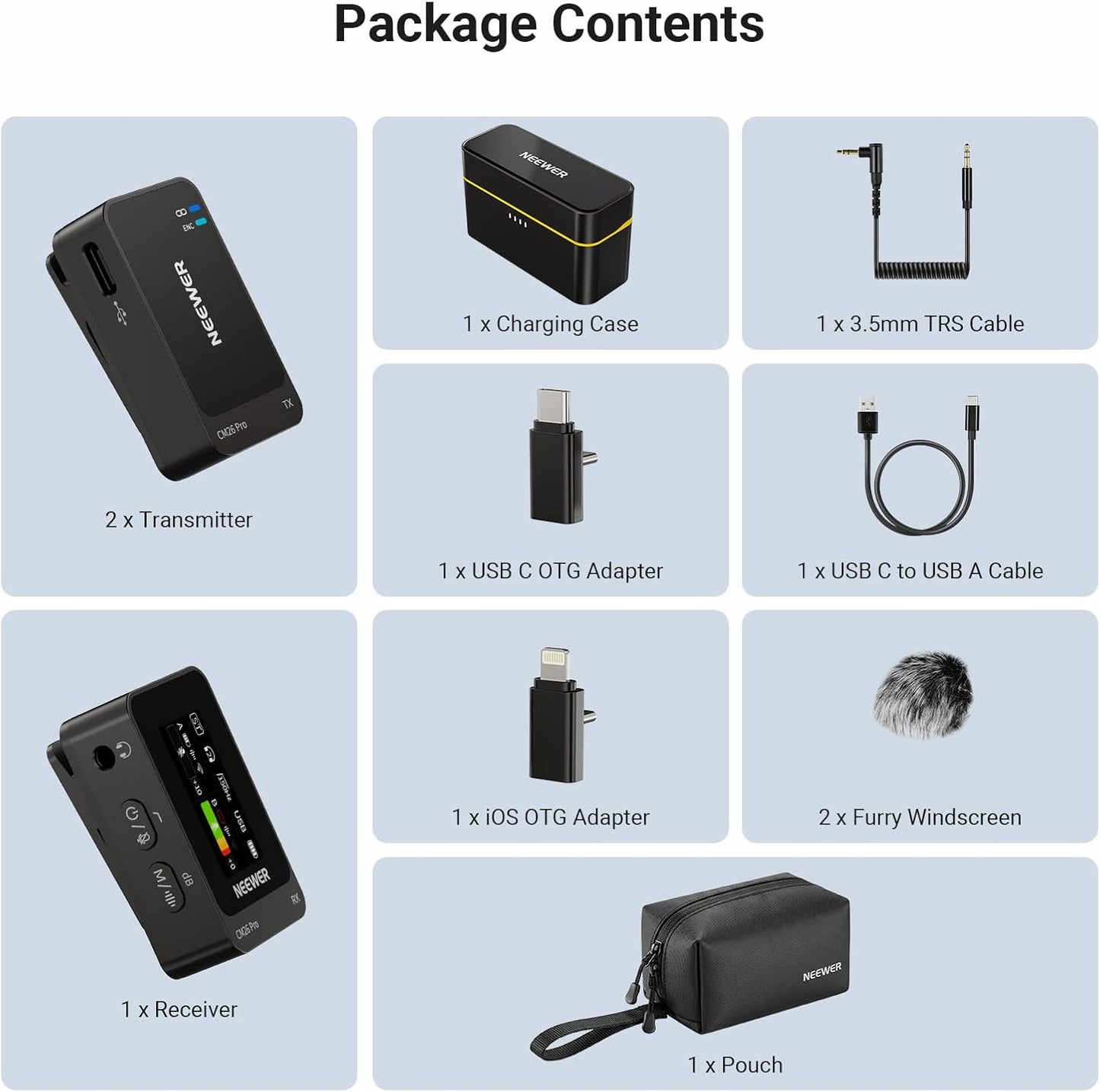 NEEWER CM26 Pro AI Draadloze Microfoon Compatibel met iPhone Android Telefoon Camera PC, Lavalier Revers Mic DSP/MCU Ruisonderdrukking Mute Gain Low Cut 48KHz/24Bit 88dB SNR 50H Batterij 100 m Bereik