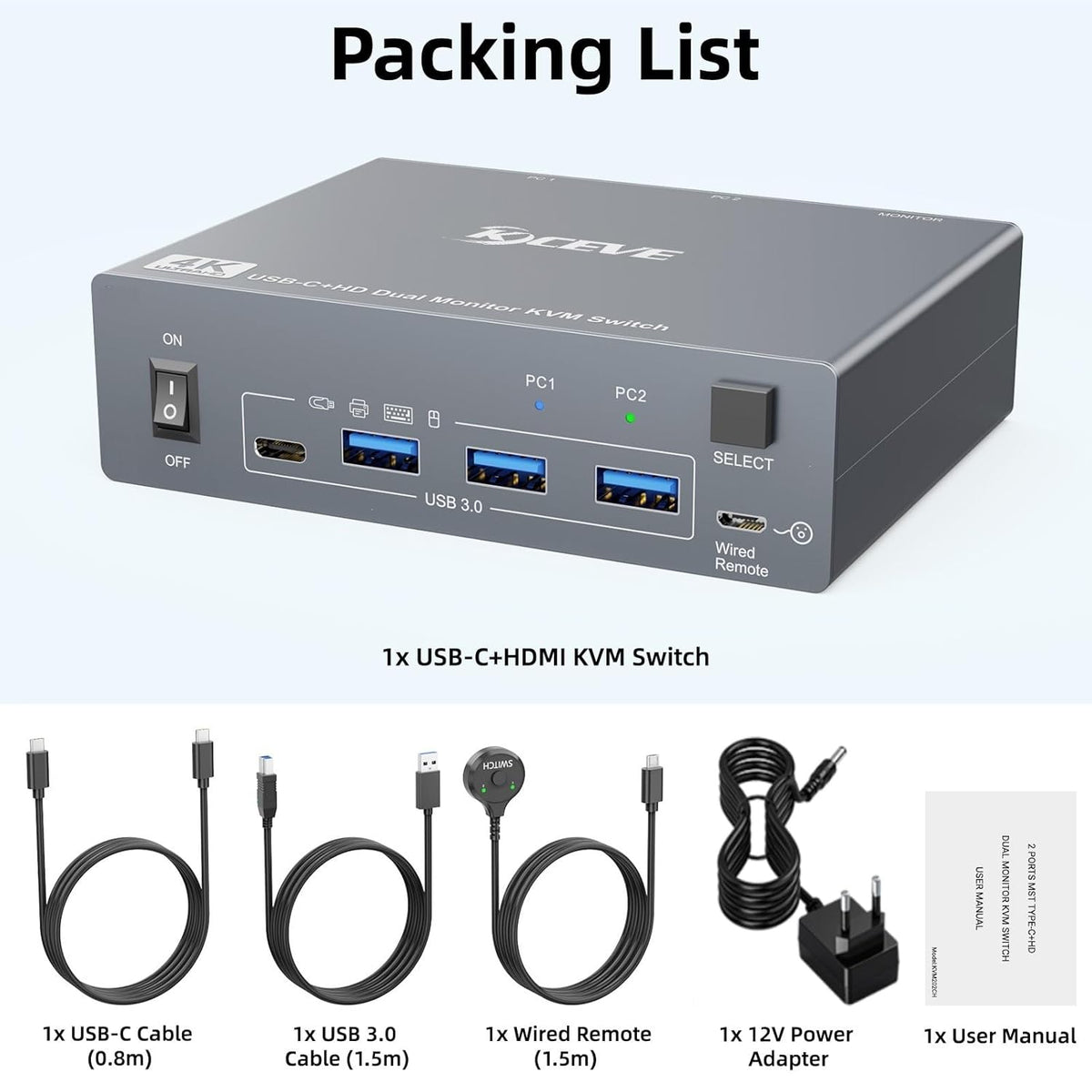 MLEEDA HDMI+USB C KVM Switch Dual Monitor 1 Laptop en 1 Desktop 4K@60Hz, USB C HDMI KVM Switch 2 PC 2 Monitor met 4 USB 3.0 Poort, 80W PD Opladen, Met Bedrade Afstandsbediening, USBC Kabel