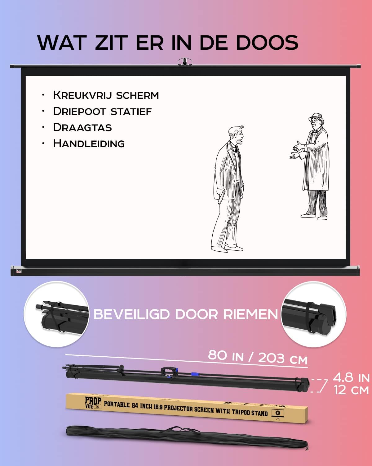 PropVue Projectorscherm met standaard, 84 inch (ca. 213 cm), 16:9 HD premium kreukvrij statiefscherm voor projector, met draagtas en strakke riemen