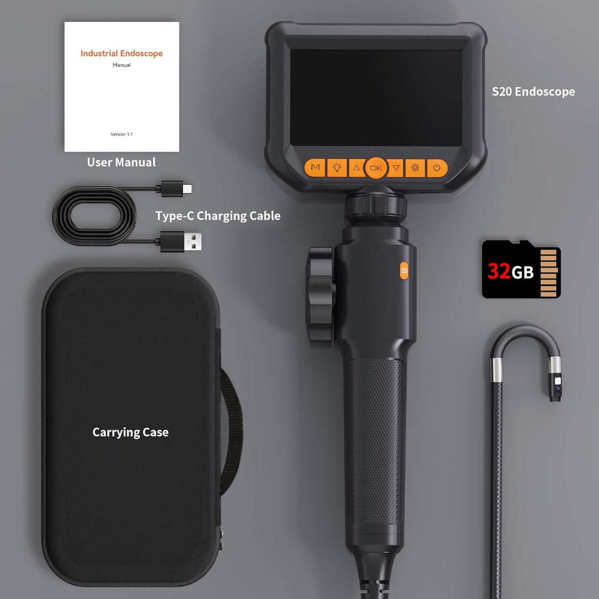 Endoscoopcamera met dubbele lens, 360° HD draaibaar, inspectiecamera, 4,3 inch, IP67 waterdichte buiscamera, kanaal, endoscoopcamera met 8 + 1 leds, 32G-kaart en draagtas, 1,5 m