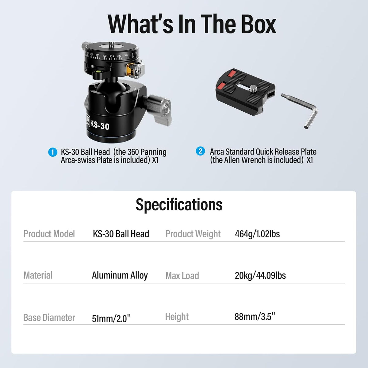 SIRUI 36mm Low Profile Ball Head KS-30, 360° Double Panoramic Aluminium Alloy Tripod Head for Camera, Camcorder, Professional Heavy Duty Ball Head for Tripod, Monopod, Camera Slider, Max Load 20KG