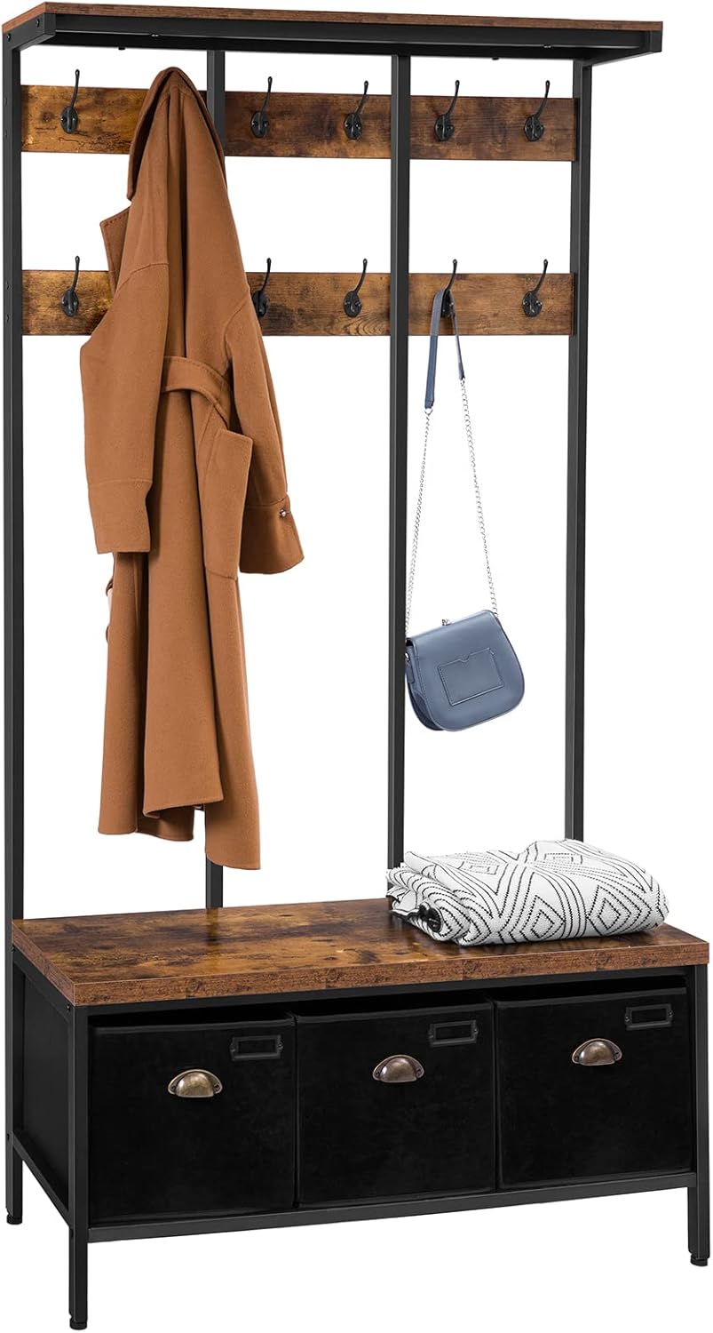 HOOBRO Kapstok, Grote garderobe, Gangboom met 12 haken, 3 opbergkasten, Schoenenbank, Stabiel, Industriële stijl, Voor entree, Woonkamer, Slaapkamer EBF33MT01