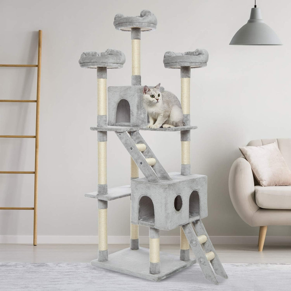 Kattenboom – Kattenkrabpaal – Kattentoren – Klimtoren – Grijs – 186 cm Hoog – Stabiele Verdikte Basis