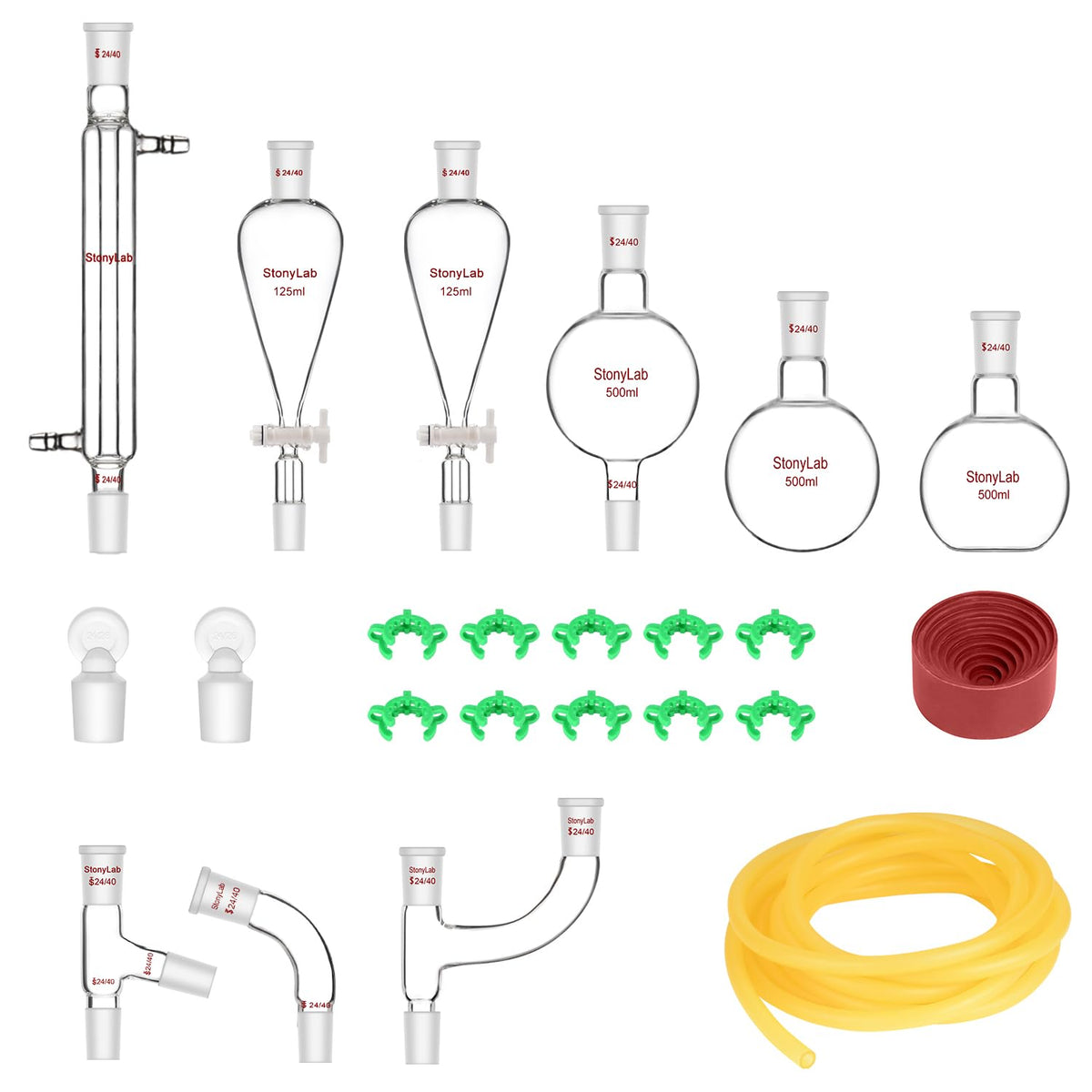 Destillatieset – Destillatieglaswerk – Distillatie-opstelling – Laboratoriumglaswerk – Stoomdestillatie – 500 ml – Borosilicaatglas Tot 200°C – 24/40 Slijpstukken