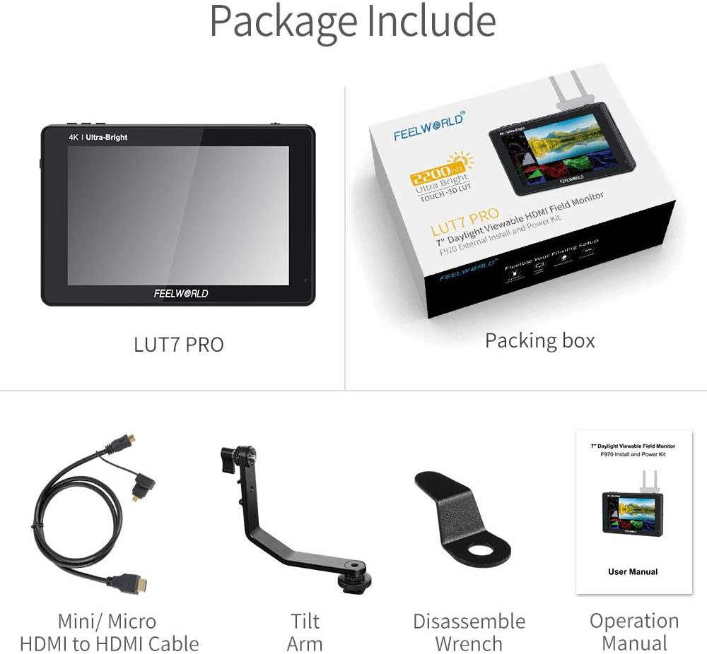FEELWORLD LUT7 PRO 2200Nits TouchScreen Camera Field Monitor 4K HDMI Loop Out Camera Monitor with Light Sensor,3D LUTs,FHD 1920X1200 IPS,HDR Waveform,F970 External Installation Package - QUORE