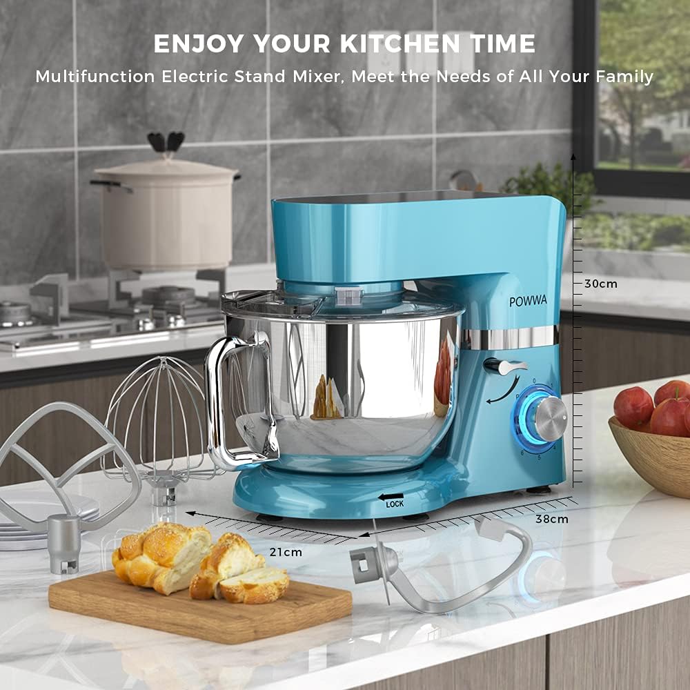 Keukenmachine, 6,2 L, mengmachine, kneedmachine, 6 + 1 snelheid deegmachine, 1500 W deegkneedmachine met garde, deeghaak, garde en spatbescherming voor bakken, cake (blue)