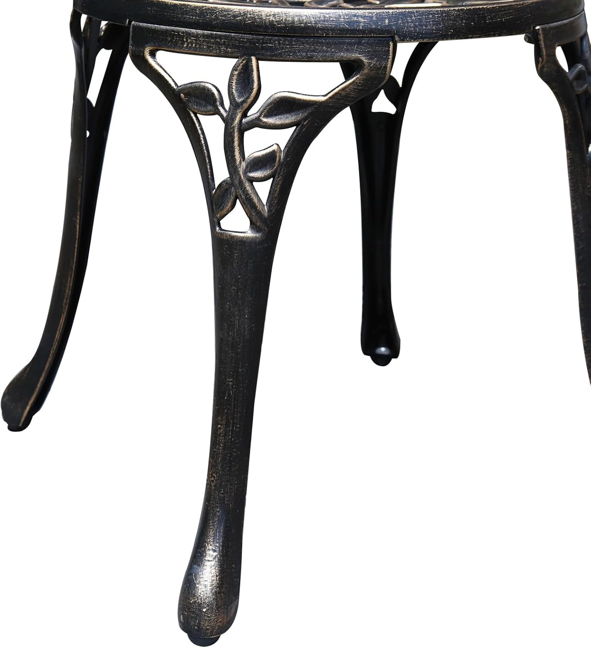Antieke gegoten aluminium taverne-set, 3-delige set, tuinmeubelset met twee stoelen en ronde tafel, decoratief design, bronzen look (blad)