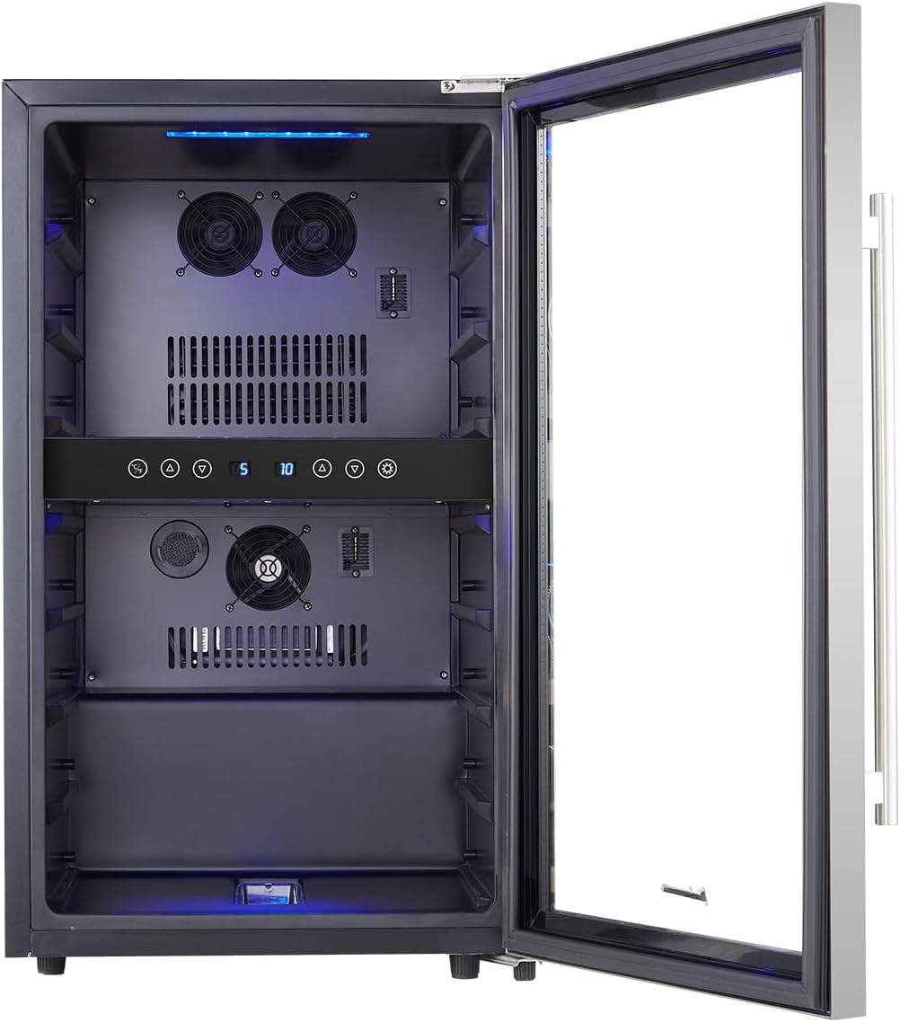 Kalamera KRC-45BSS Wijnkoelkast met 2 zones, roestvrijstalen look, 45 flessen (tot 310 mm hoogte), 120 liter, twee koelzones 5-10 °C/10-18 °C, vrijstaand