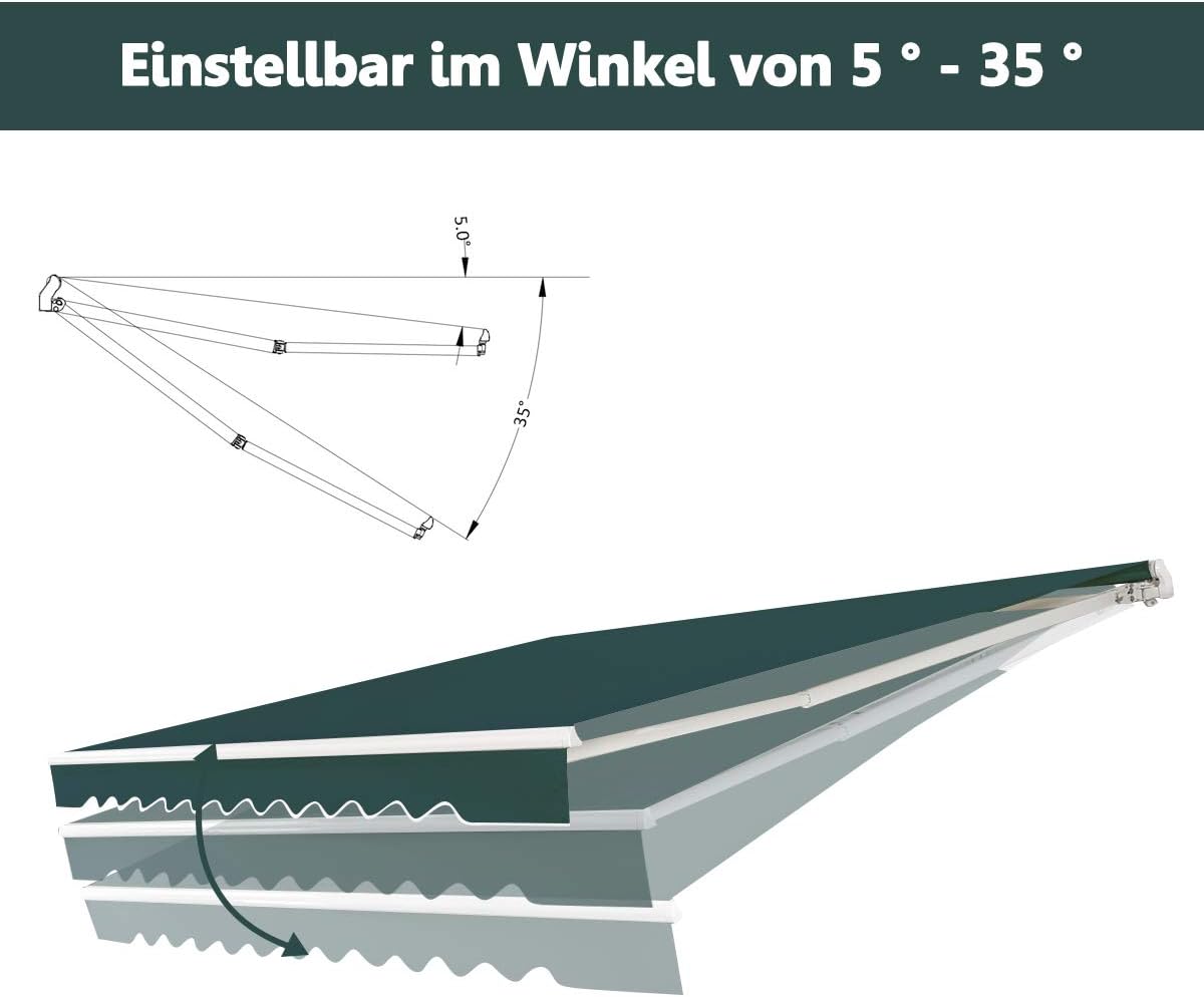 FANTASK Luifel 5-35° hoek instelbaar, zonnescherm met een lange zwengel, UPF50+, terrasluifel 300 x 250 cm (groen)
